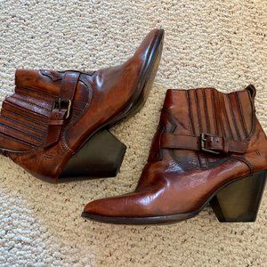 Frye reddish-brown cowboy-inspired distressed leather booties, women's size 6.5
